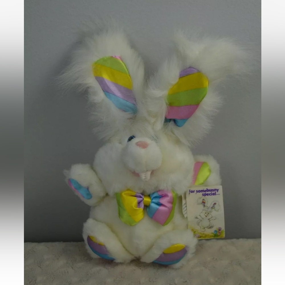 Vintage Giggle Bunny Rabbit Plush Stuffed Animal White Rainbow Stripes Bow Tie